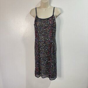 Vintage Adrianna Papell Slip Dress 6 Silk Full Sequin Beaded Mermaid Rainbow